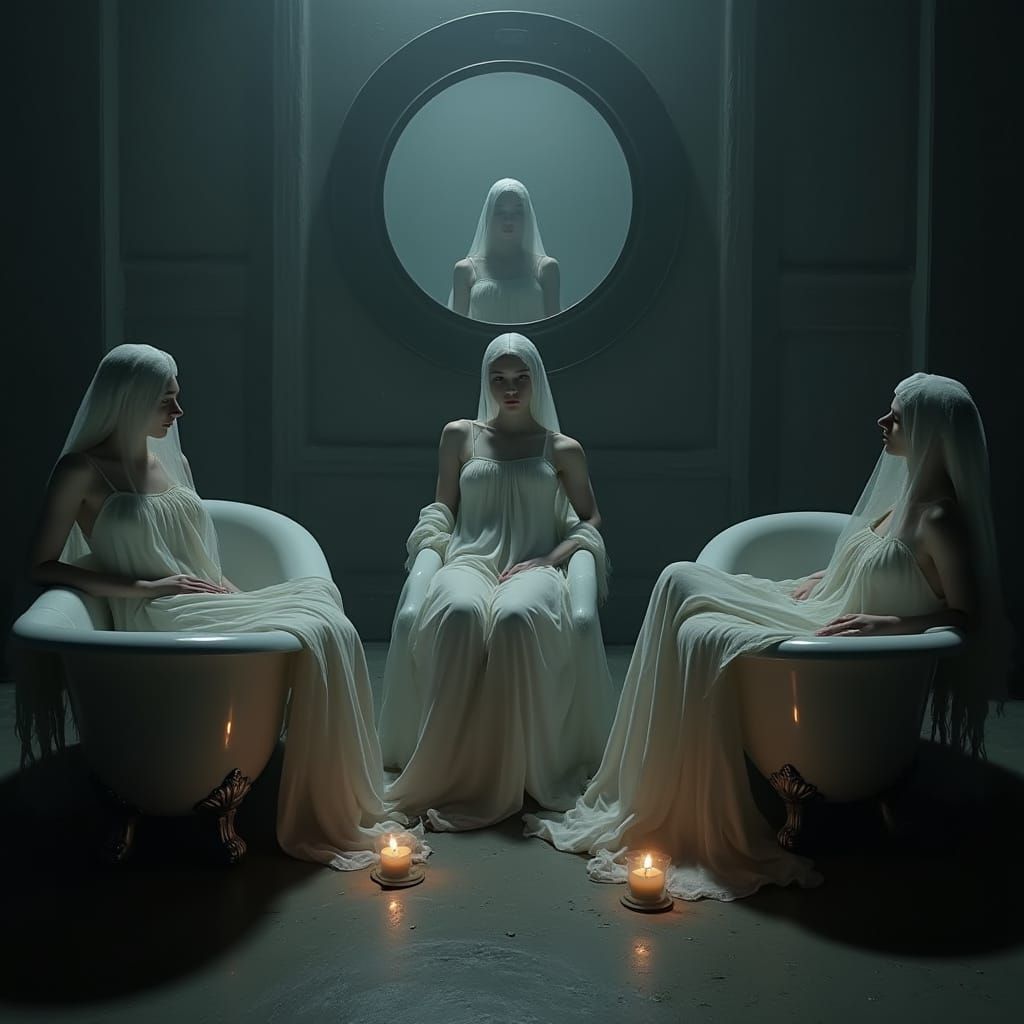 Three Sisters in Victorian-Style Bathtubs, Eerie Atmosphere