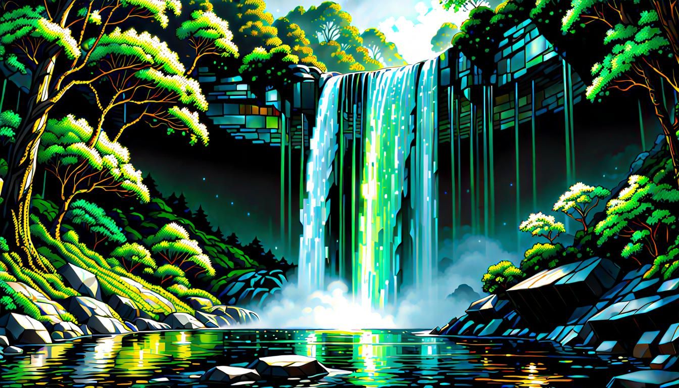 Gemstone Mosaic Waterfall Wall Art in Comic Book Style