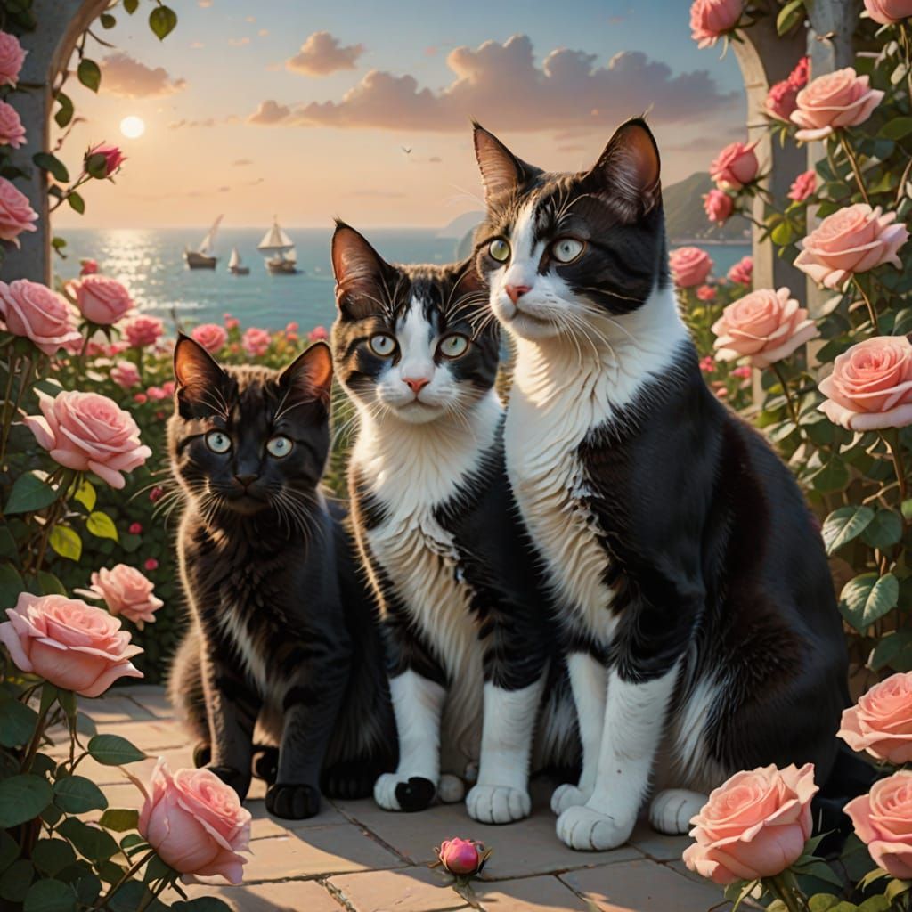 Cats in Rose Garden Overlooking the Sea