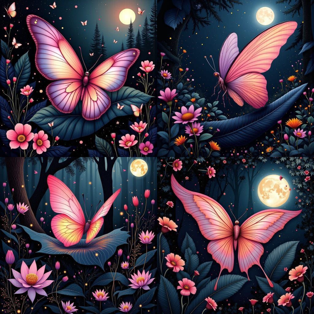 Pink Glowing Butterfly Illuminates Nighttime Sky