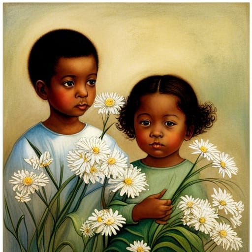 Toddler Siblings with Wildflowers, Golden Age Illustration