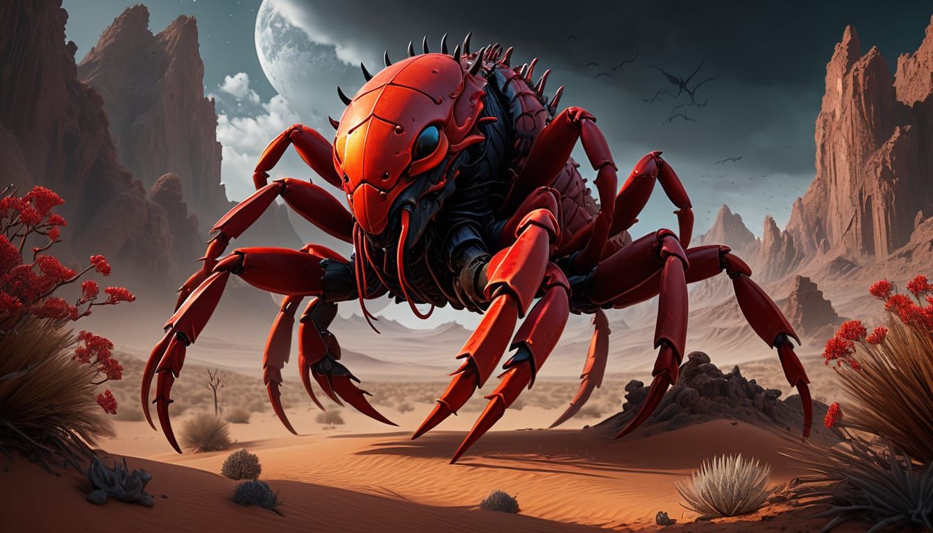 Red Scorpion in Dark Desert, in Expressionist Style