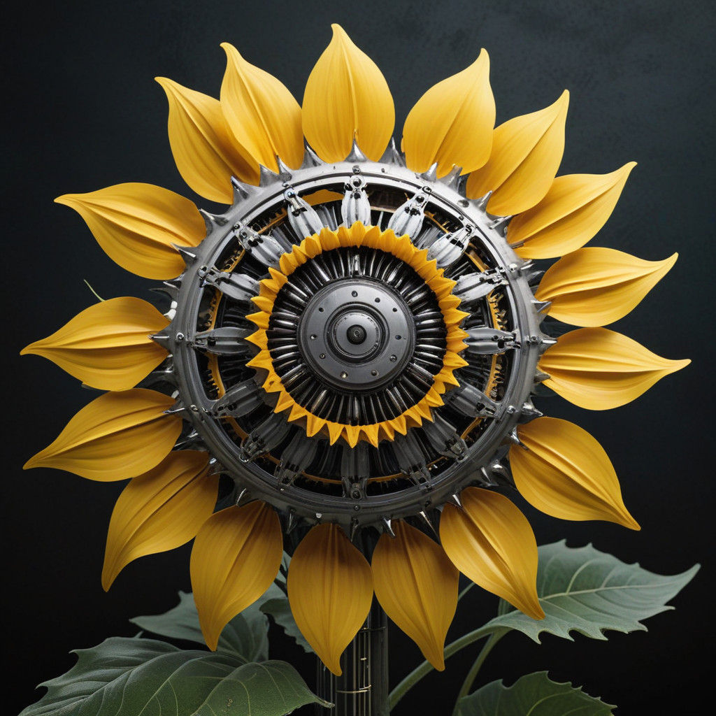 Rustic Mechanical Sunflower Blossoms in the Dusk