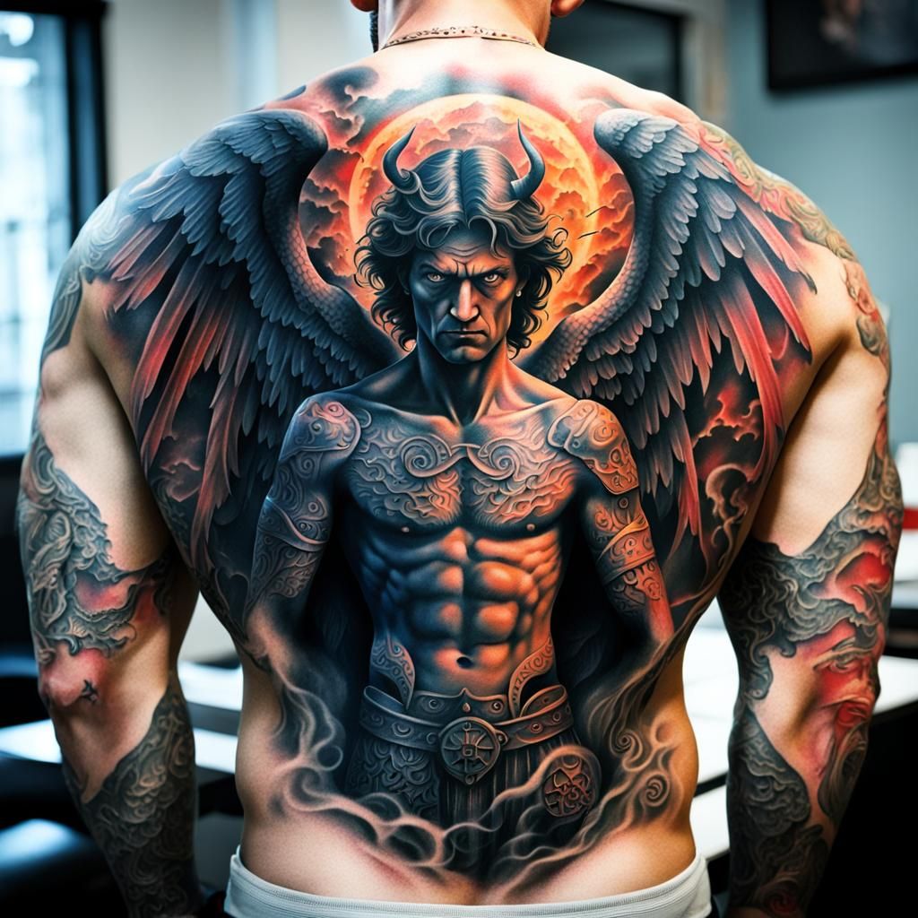 Man's Back Tattoo: Angels and Demons