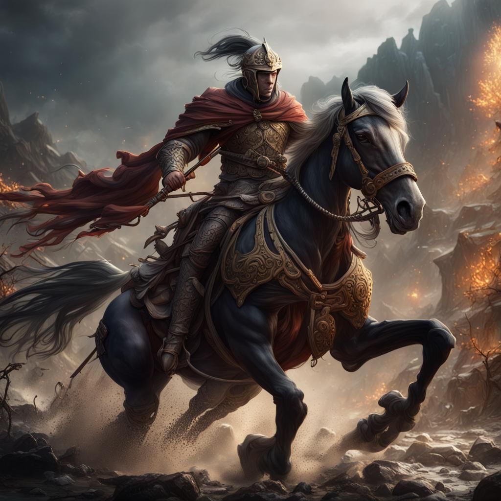 Warrior on Horseback with Sword in Fantasy Battle