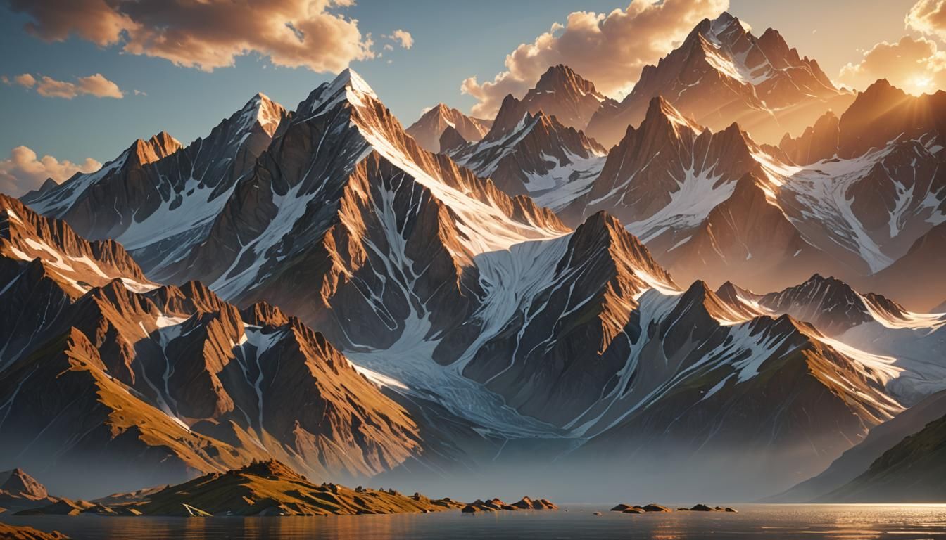 Mountain Lake Sunset in 3D with God Rays
