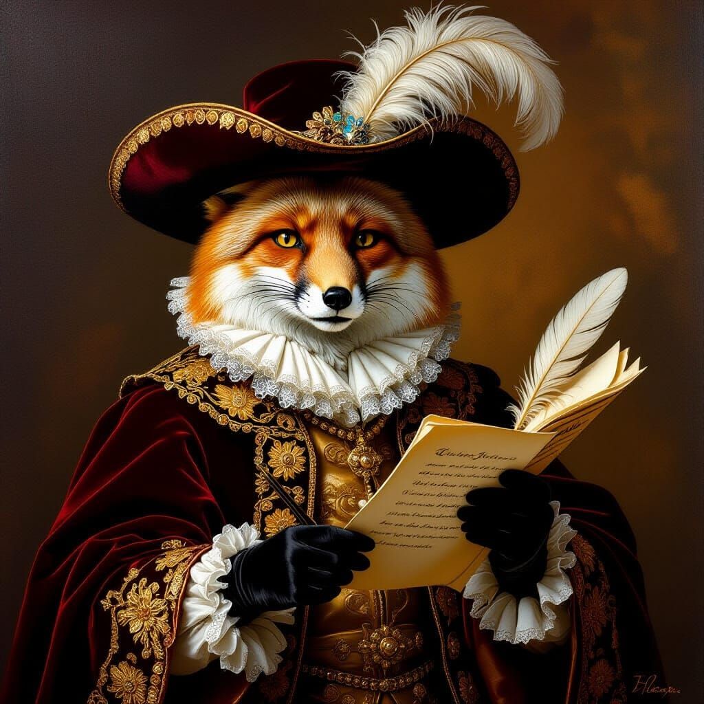 Fox Writing a Sonnet in Renaissance Portrait Style