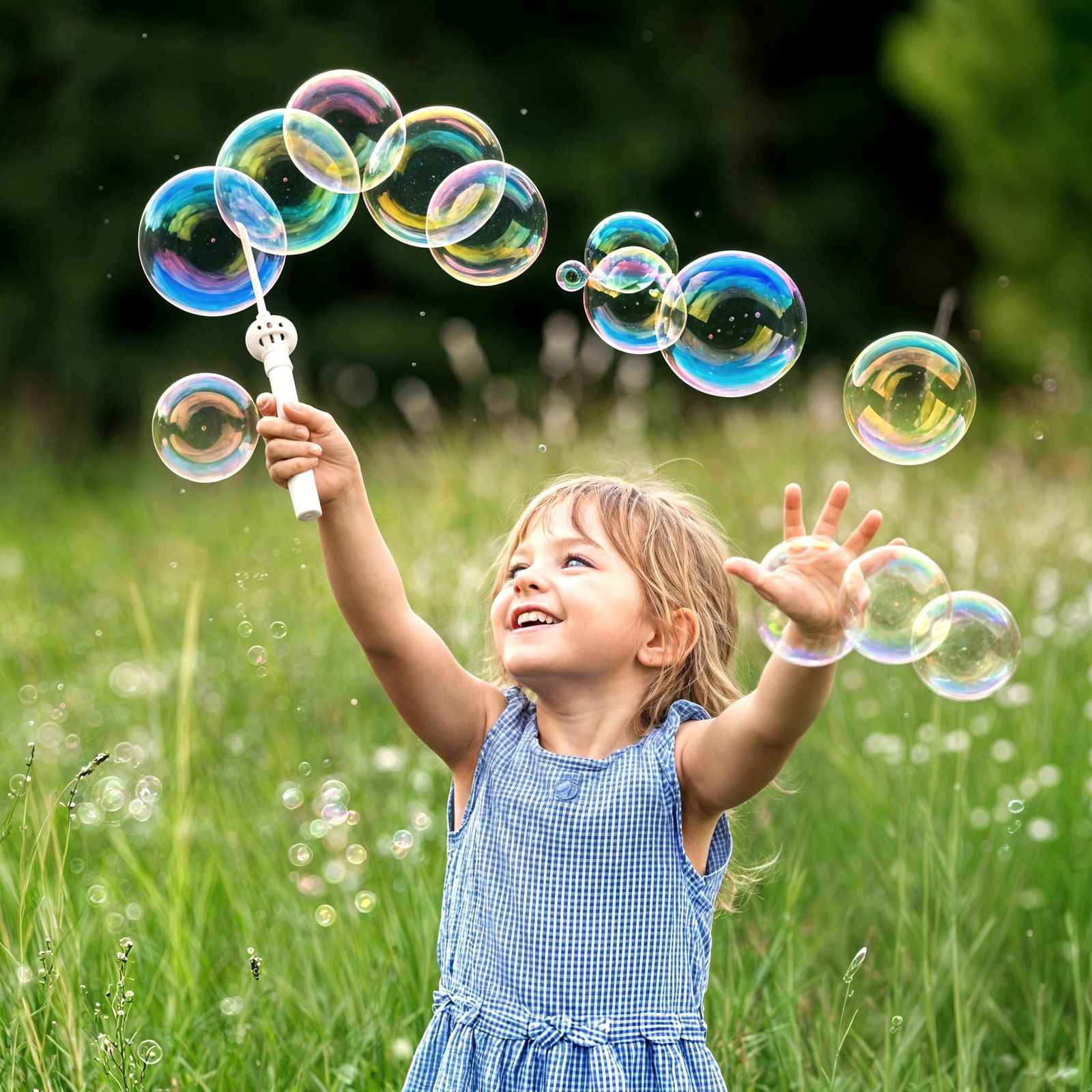 Happy Child Creates Colorful Bubbles on Sunny Day