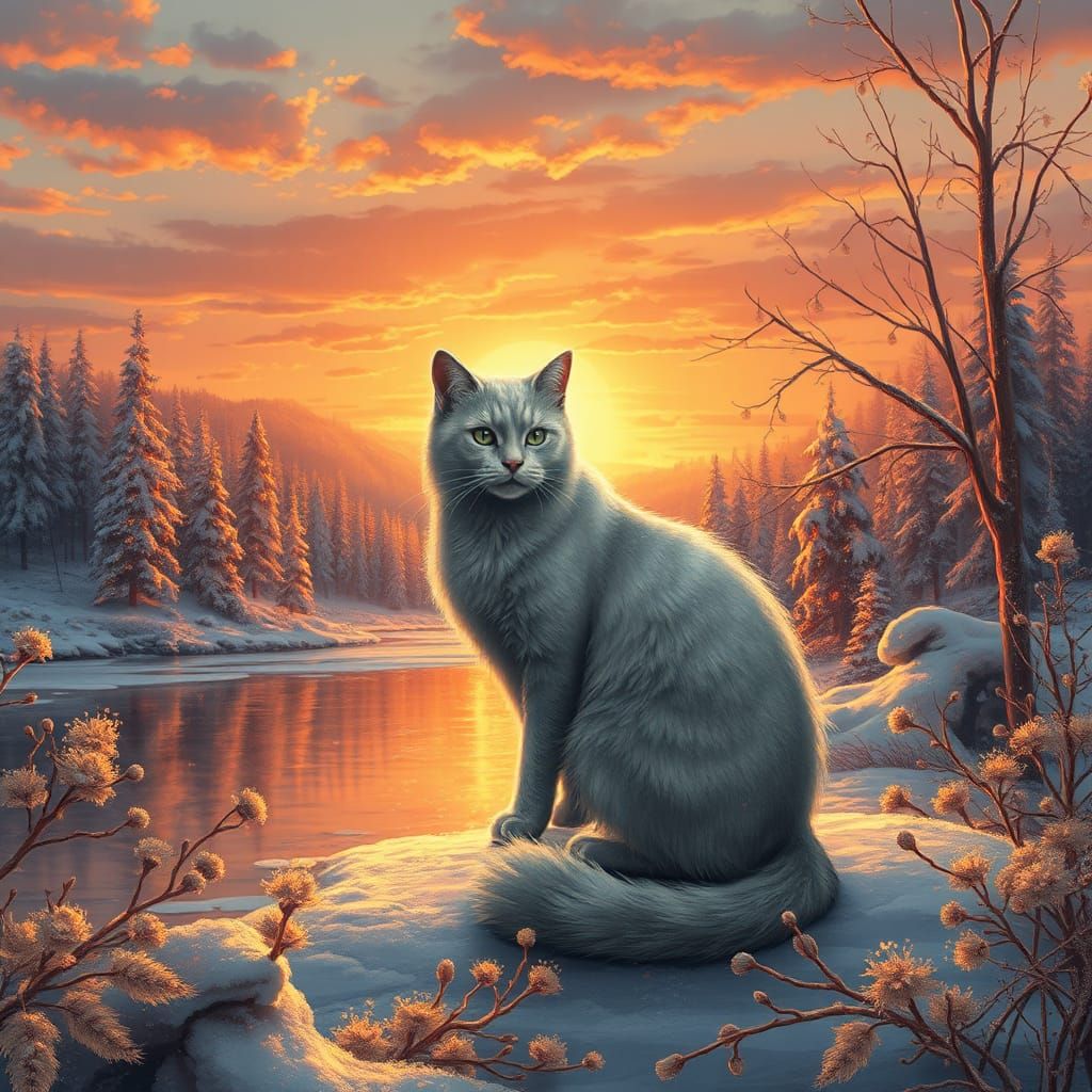 Silver Cat Contemplating Winter Sunset: A Digital Painting