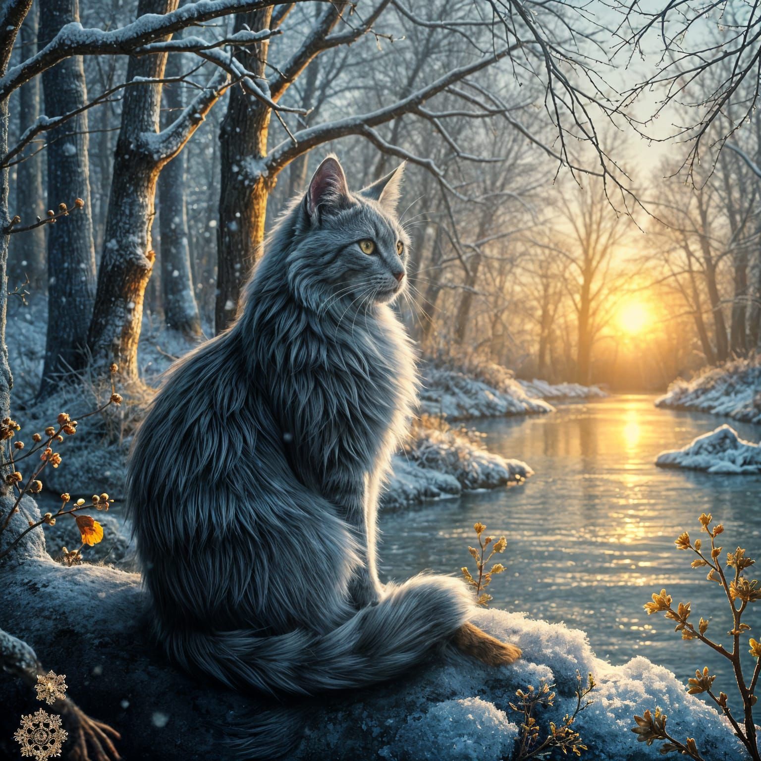 Silver Cat at Sunset: A Whimsical Digital Painting