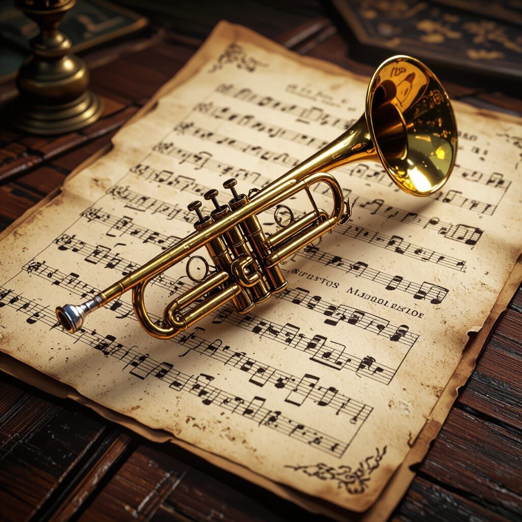 Golden Trumpet Rests on Vintage Sheet Music