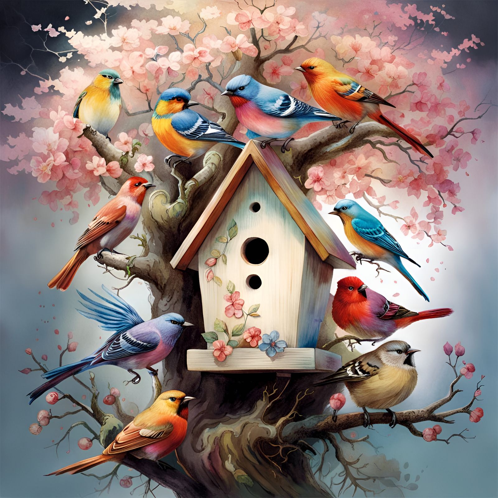 Hyperrealistic Birdhouse with Songbirds in Watercolor Style