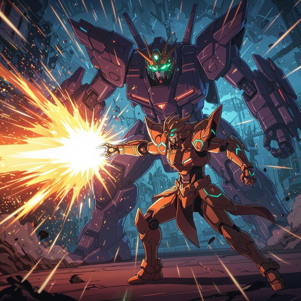 Anime Warrior Unleashes Energy Blast in Futuristic Armor