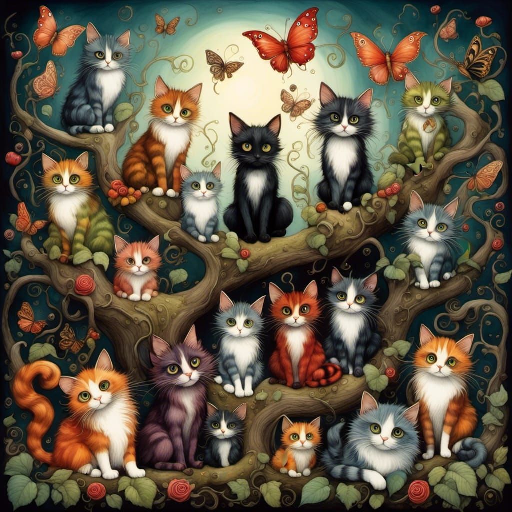 Whimsical Forest Scene with Cat Fairies