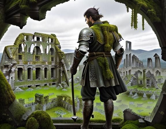 Moss-Armored Knight Wandering Through Ancient Plains