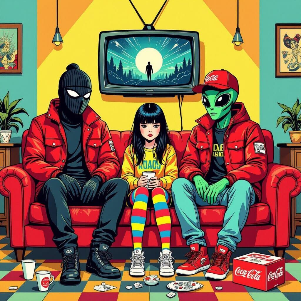 Pop Art Couch Scene with Alien and Figures