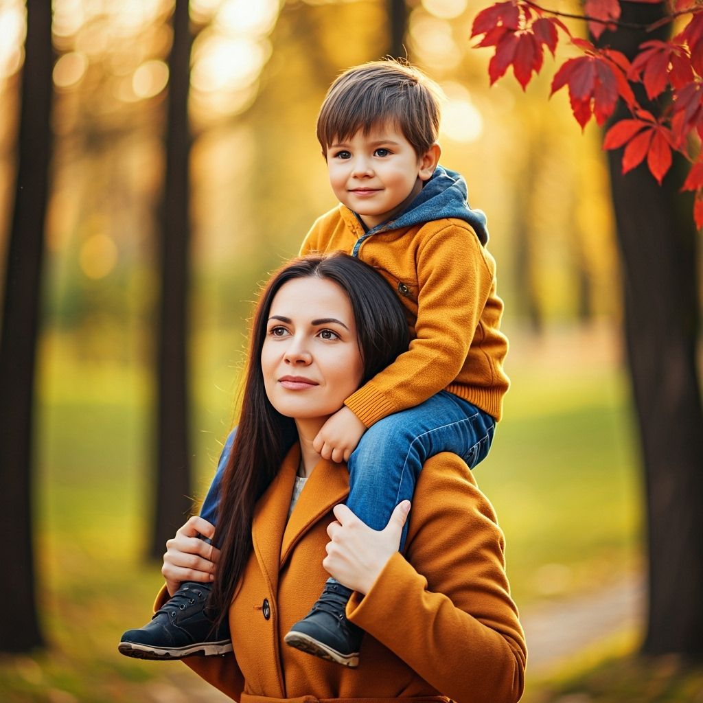 Woman Carrying Boy in Autumn Park