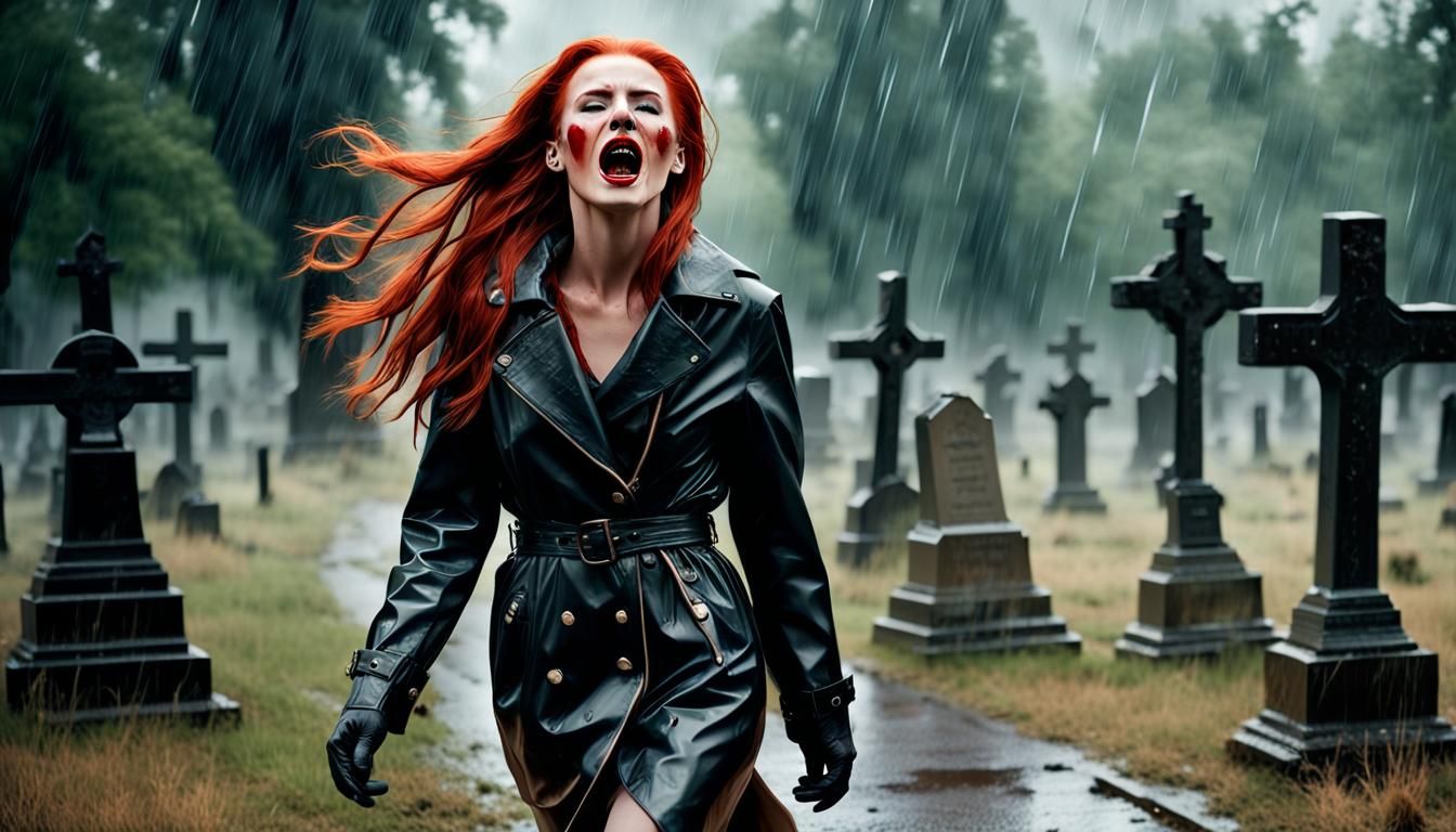 Terrified Woman in Cemetery During Storm