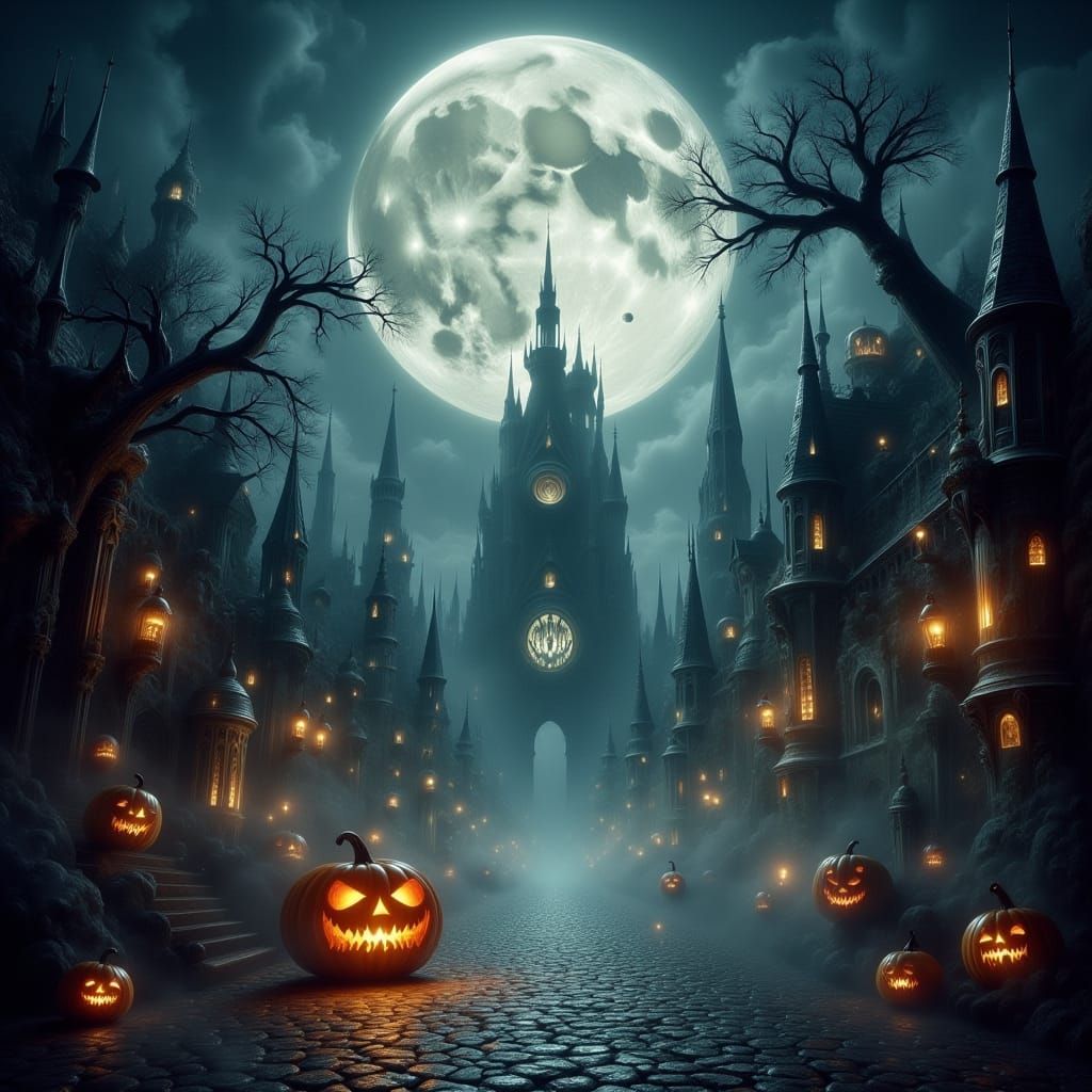Gothic Cityscape Under a Giant Pumpkin Moon