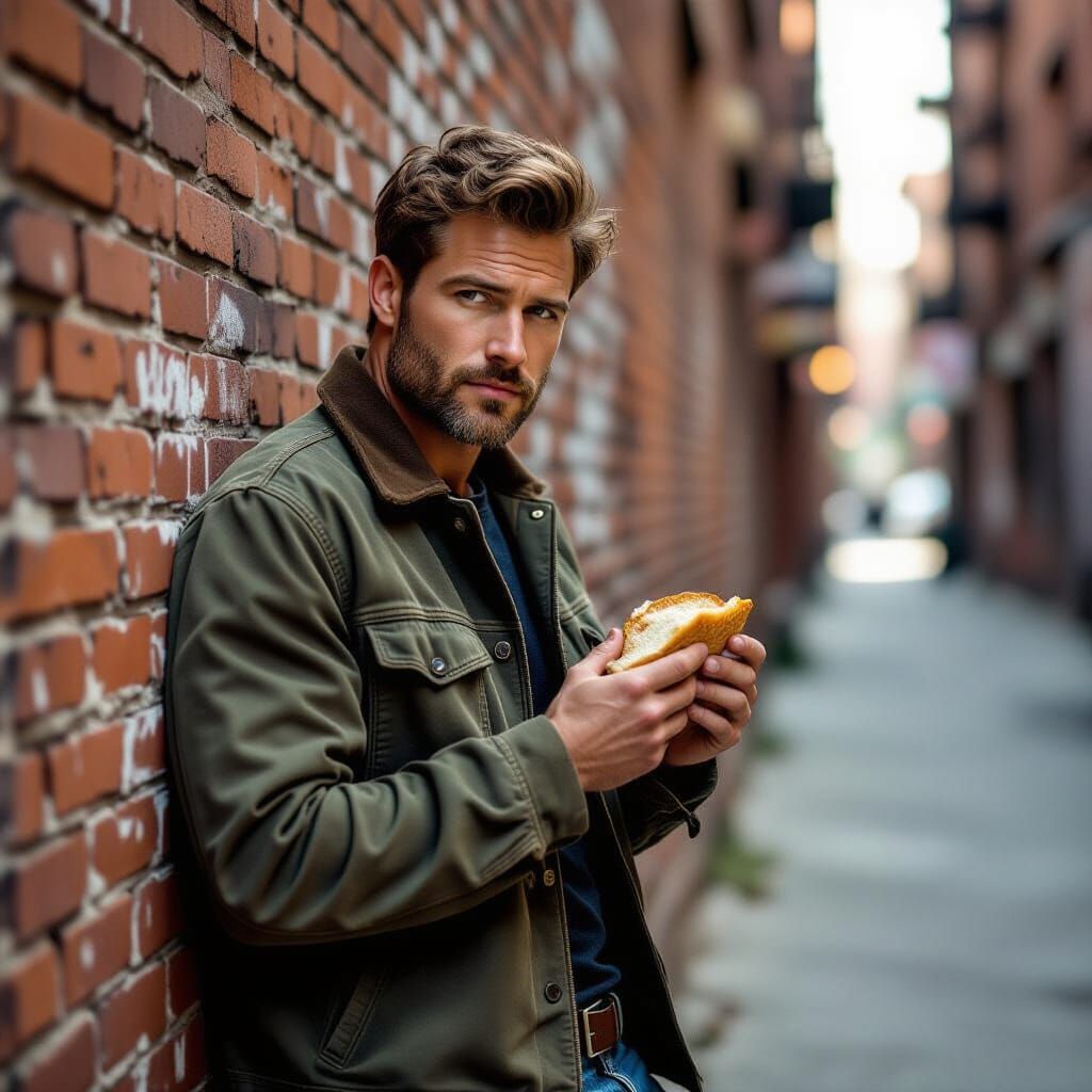 Man in Bomber Jacket Leans Against Brick Wall with Sandwich