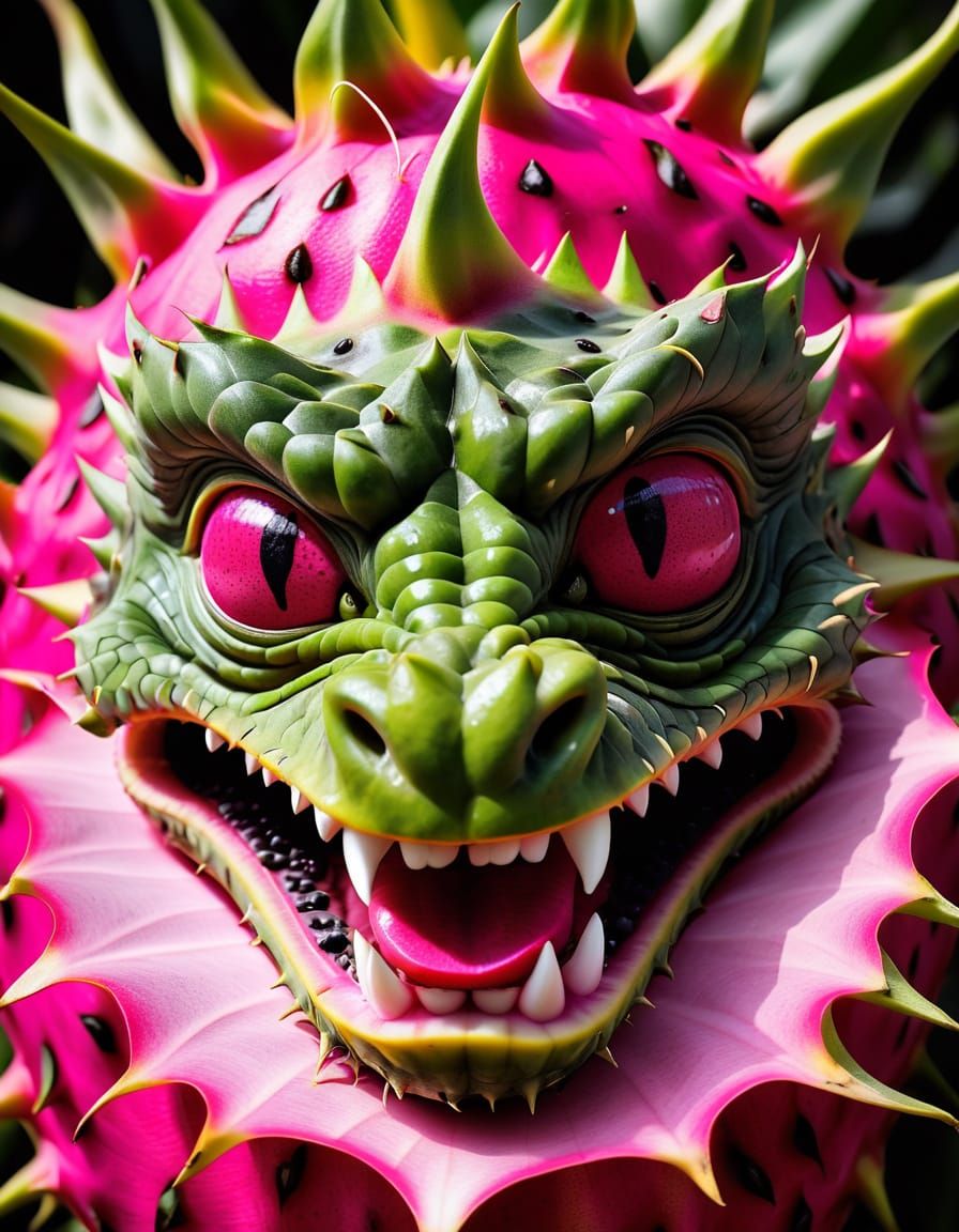 Pink Dragon Face on a Vibrant Dragon Fruit