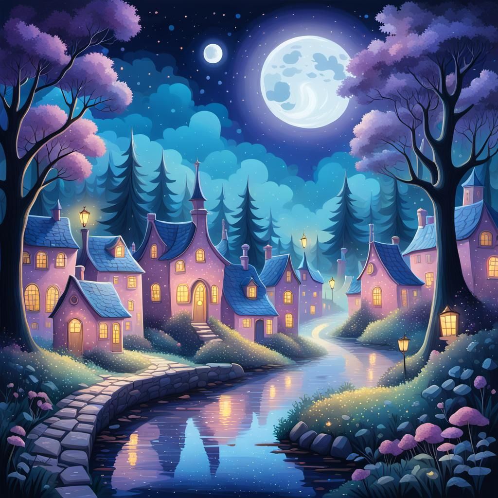 Whimsical Forest Village under Moonlight in Naive Art