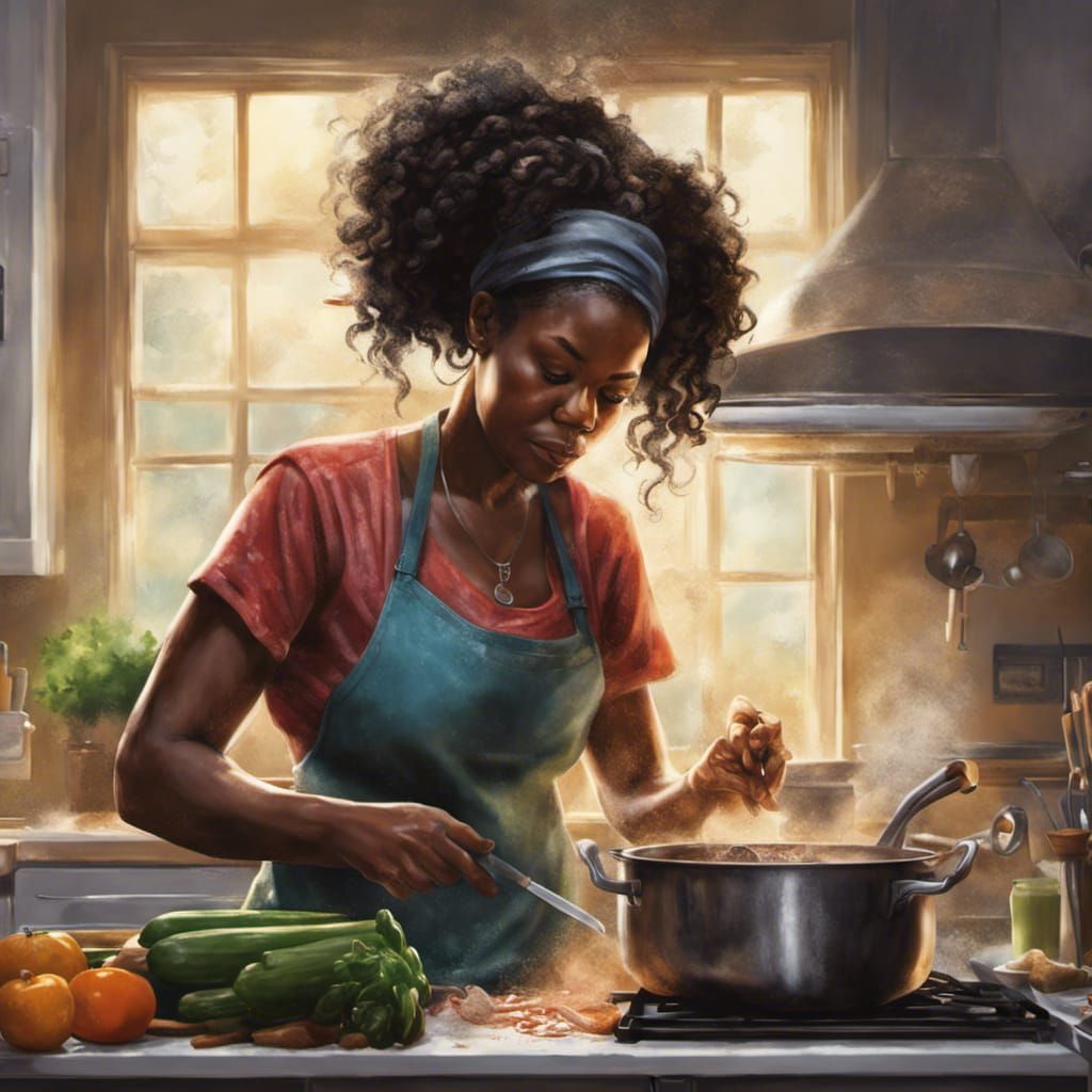 African American Woman Cooking Dinner, Hyperrealistic Digita...