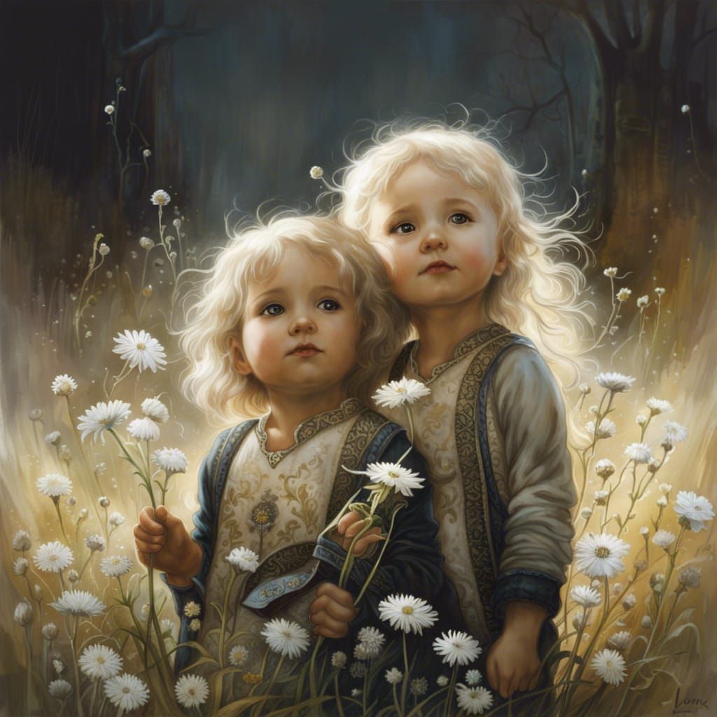 Toddler Siblings with Wildflowers, Fine Line Art