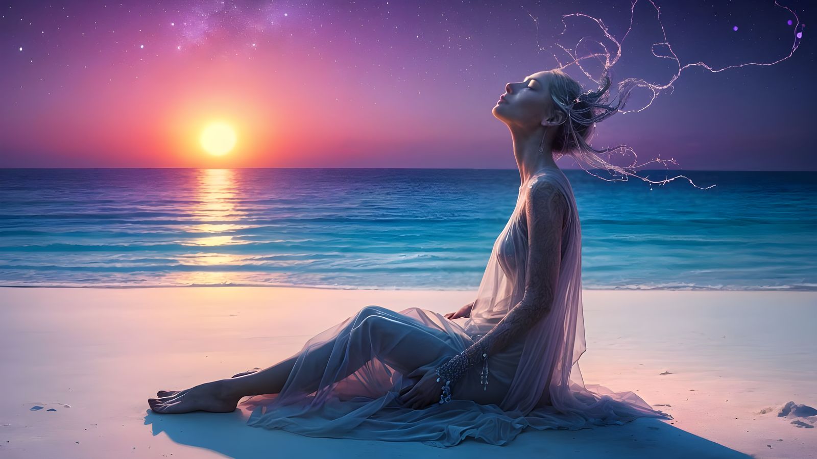 Surreal Fantasy Portrait on an Alien Beach at Sunset