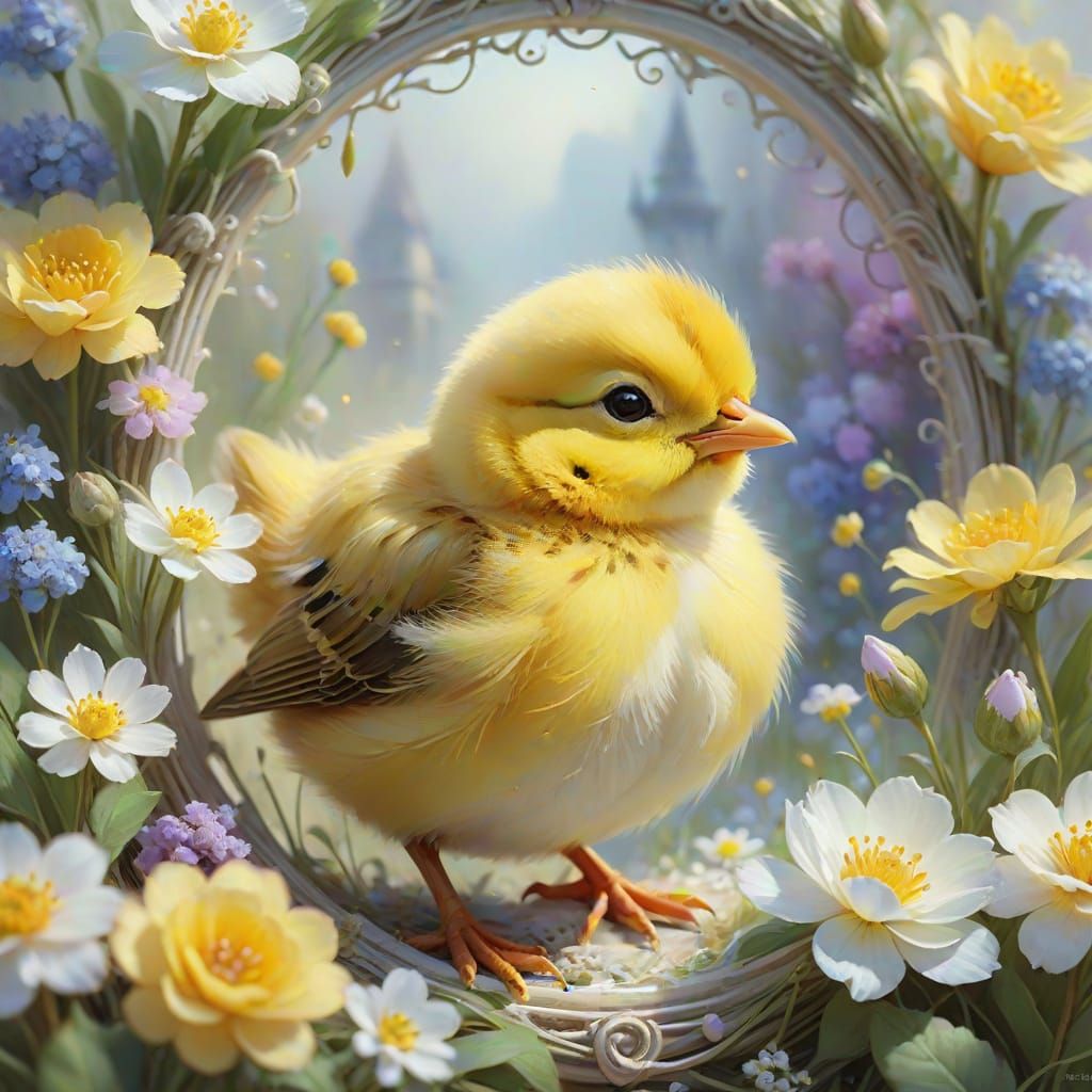 Delicate Easter Chick in a Thomas Kinkade-Inspired Masterpie...