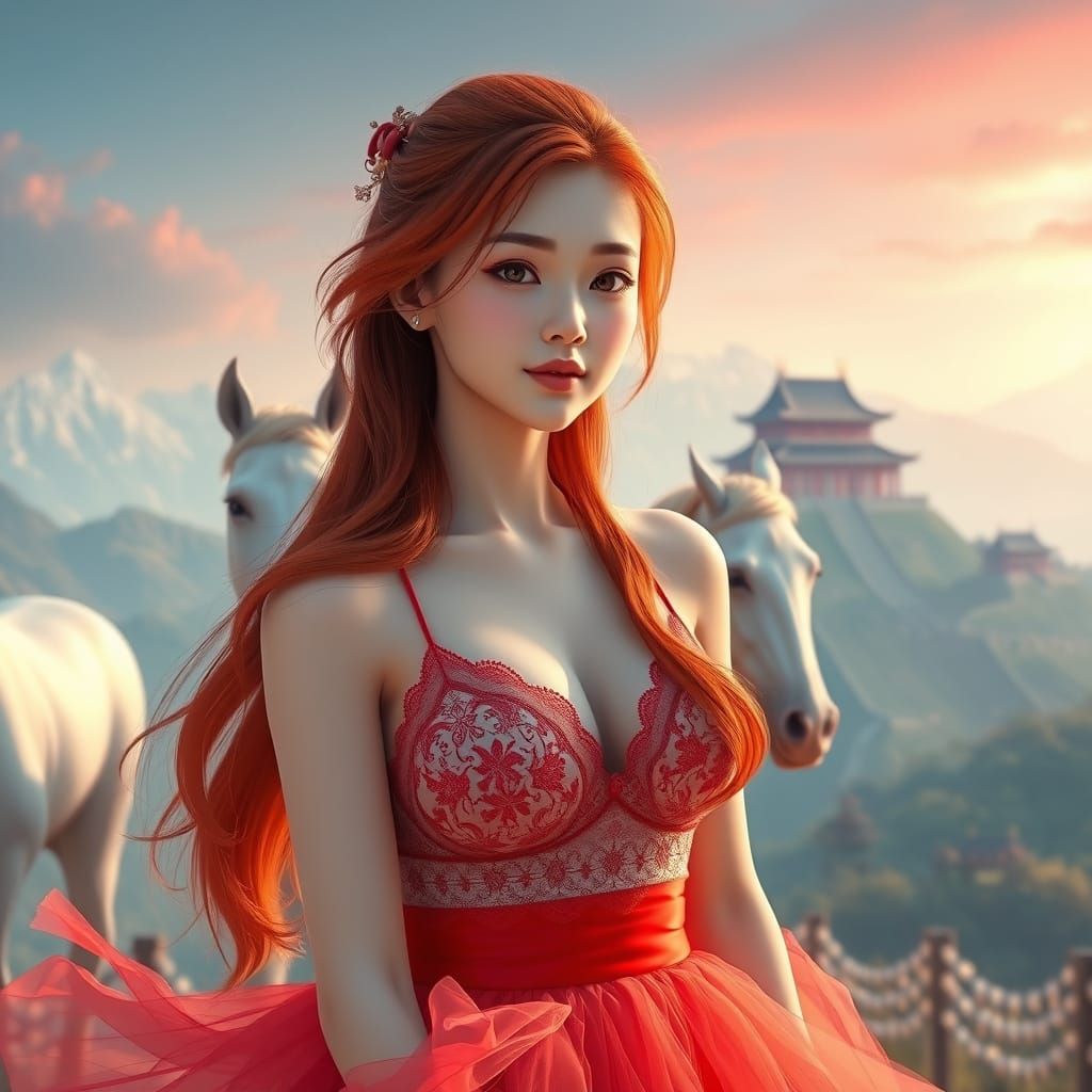 Anime-Inspired Asian Woman with Red Hair and Pastel Horses