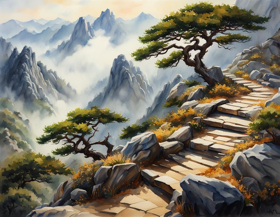 Breathtaking Oriental Mountain Vista in Watercolor Style