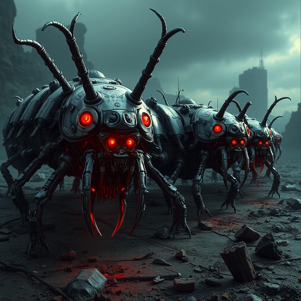 Mechanical Death Caterpillars in Post-Apocalyptic Landscape