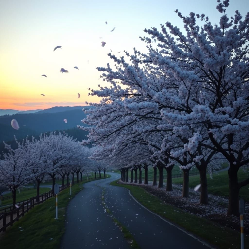 Surreal Cherry Blossom Avenue Unfolds at Dusk