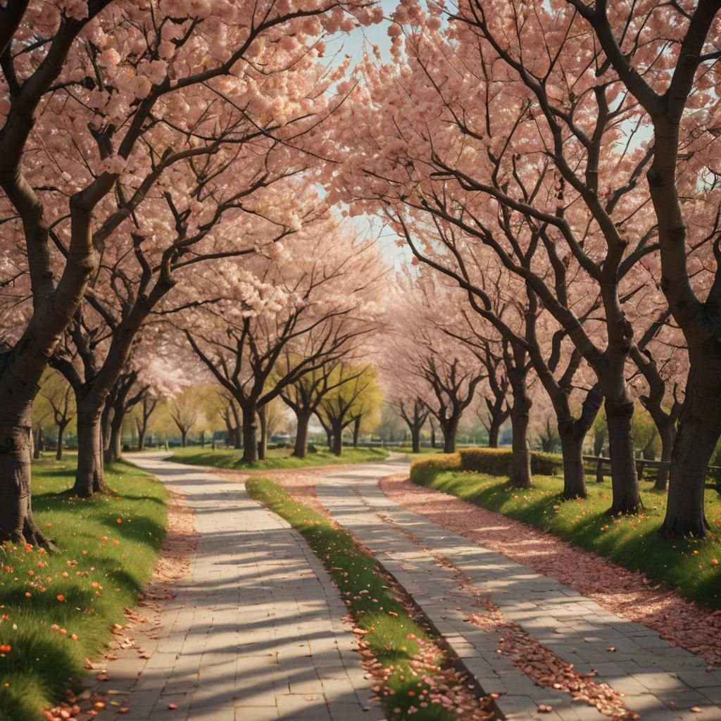 Winding Path Through Peach Trees in Bloom