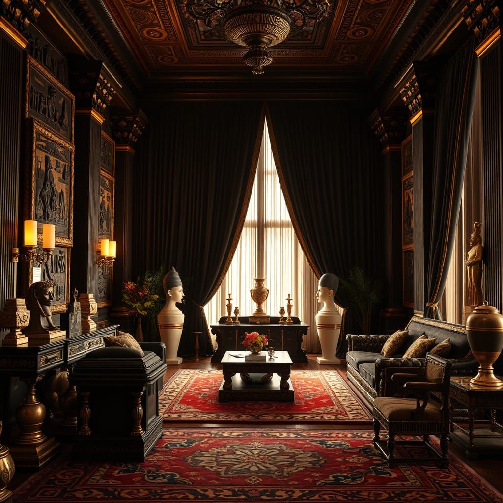 Luxurious Egyptian Palace Interior in Cinematic Black and Go...