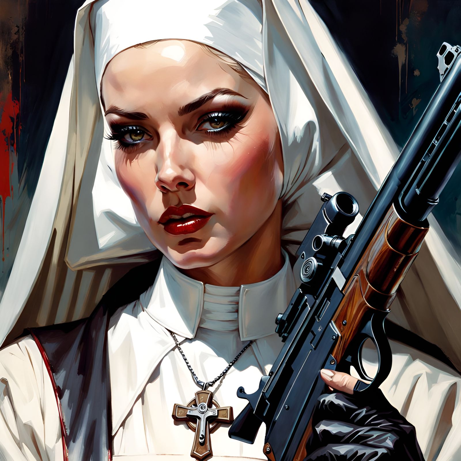 Cinematic Nun with Gun Portrait in Pin-Up Style
