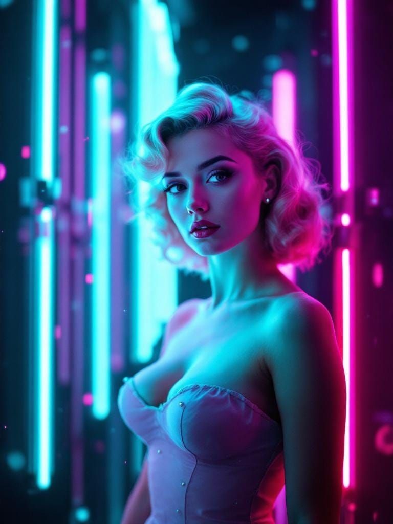 Neon Rain Portrait of 1950s Pin-Up in Cyberpunk Style