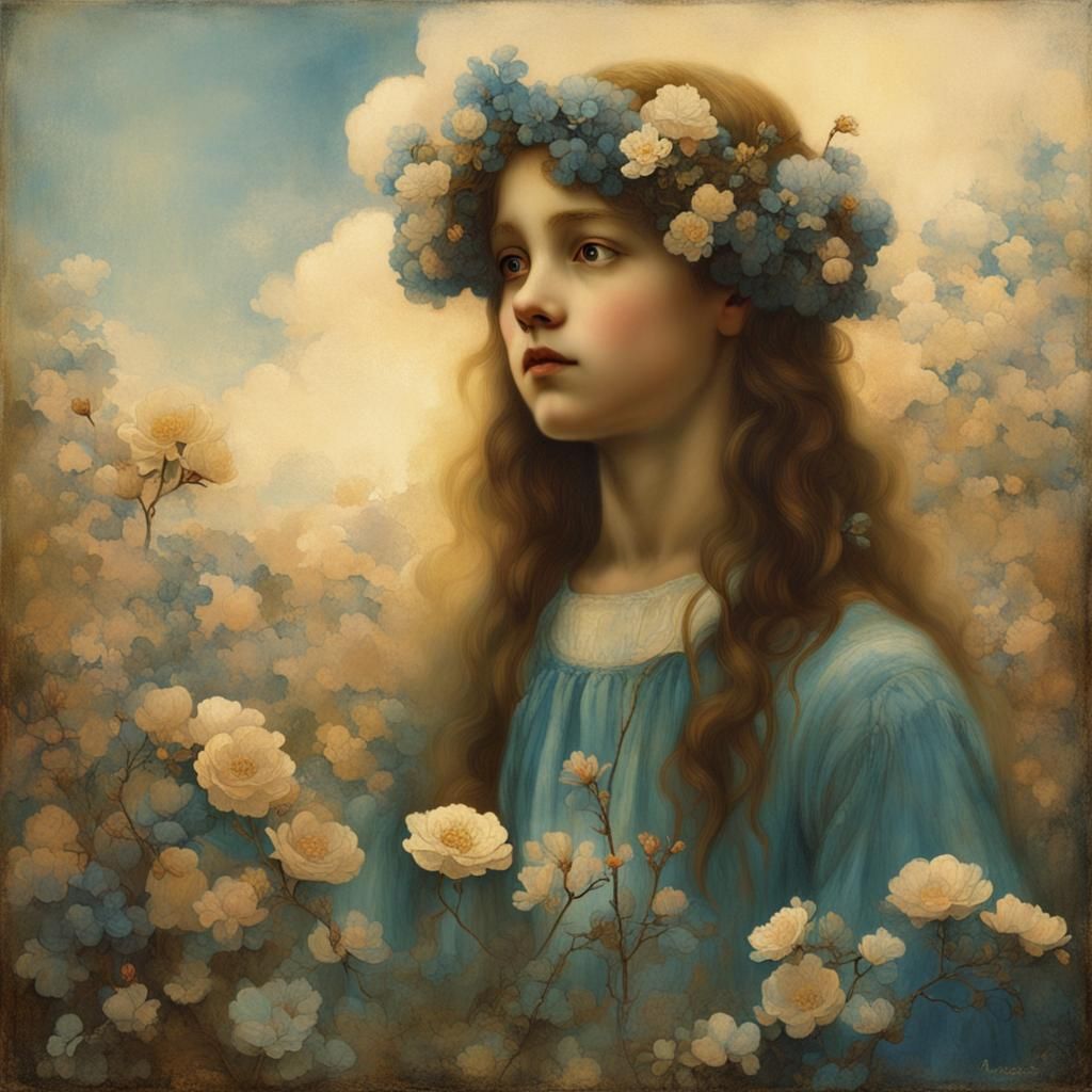 Dreamlike Girl with Flowers in Golden Age Style
