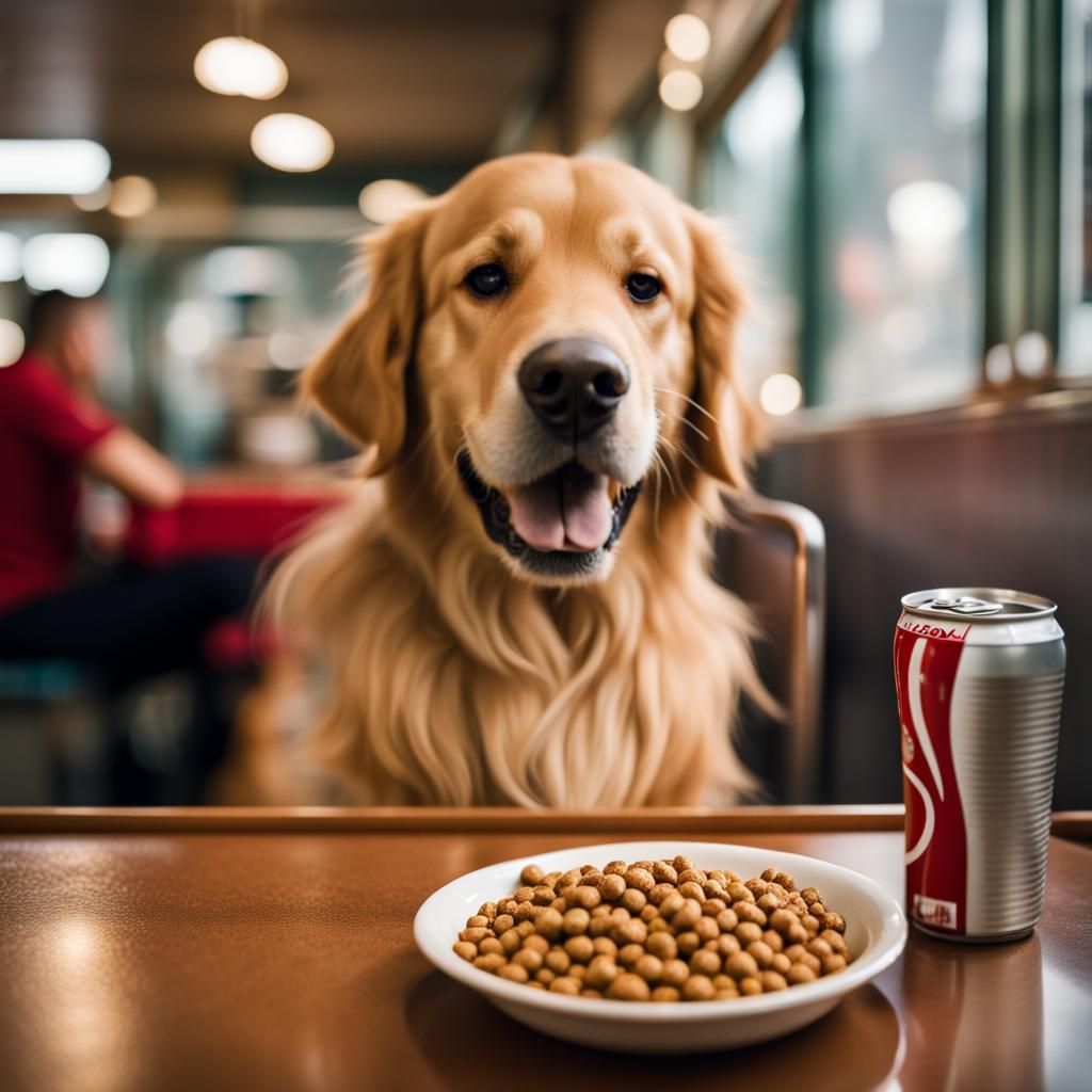 Happy Golden Retriever Eats at Diner