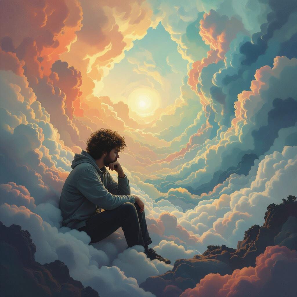 Dreamlike Figure Amidst Surreal Cloudscape