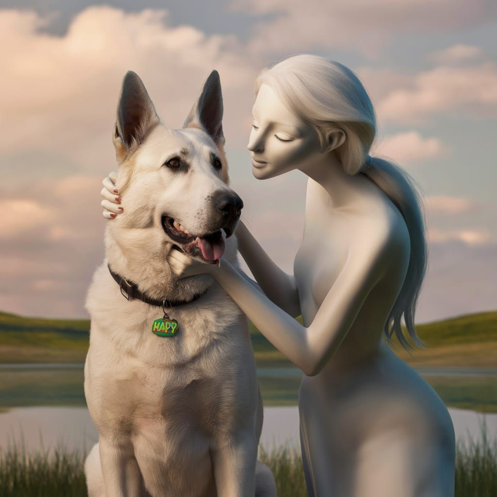 Woman and White Shepherd in Peaceful Landscape
