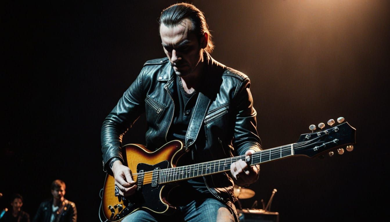 Rockstar in Leather Jacket Plays Guitar on Stage