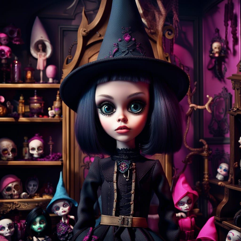 Gothic Doll in Barbie Dollhouse, Detailed Matte Painting