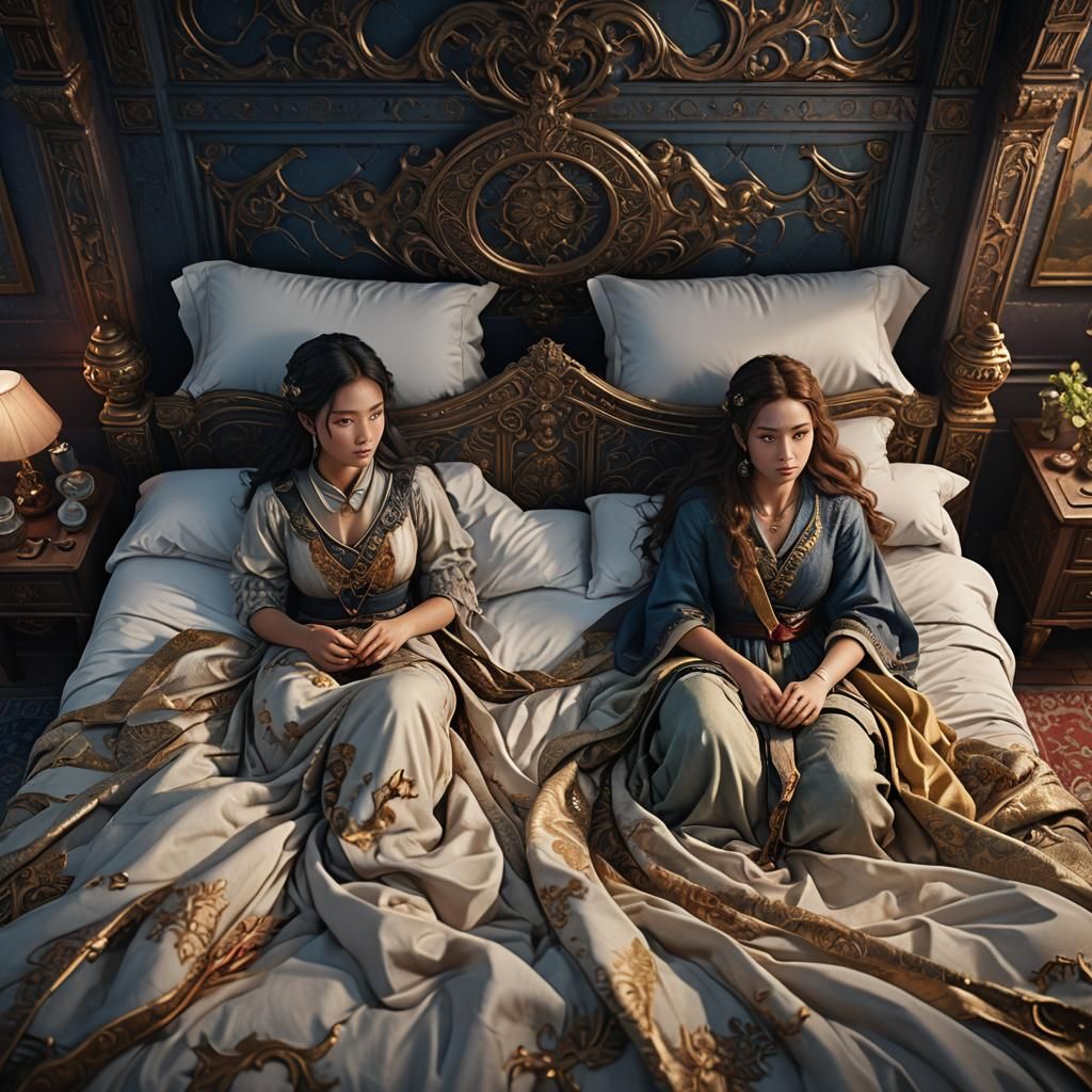Two Women Sharing a Bed: Detailed Fantasy Art