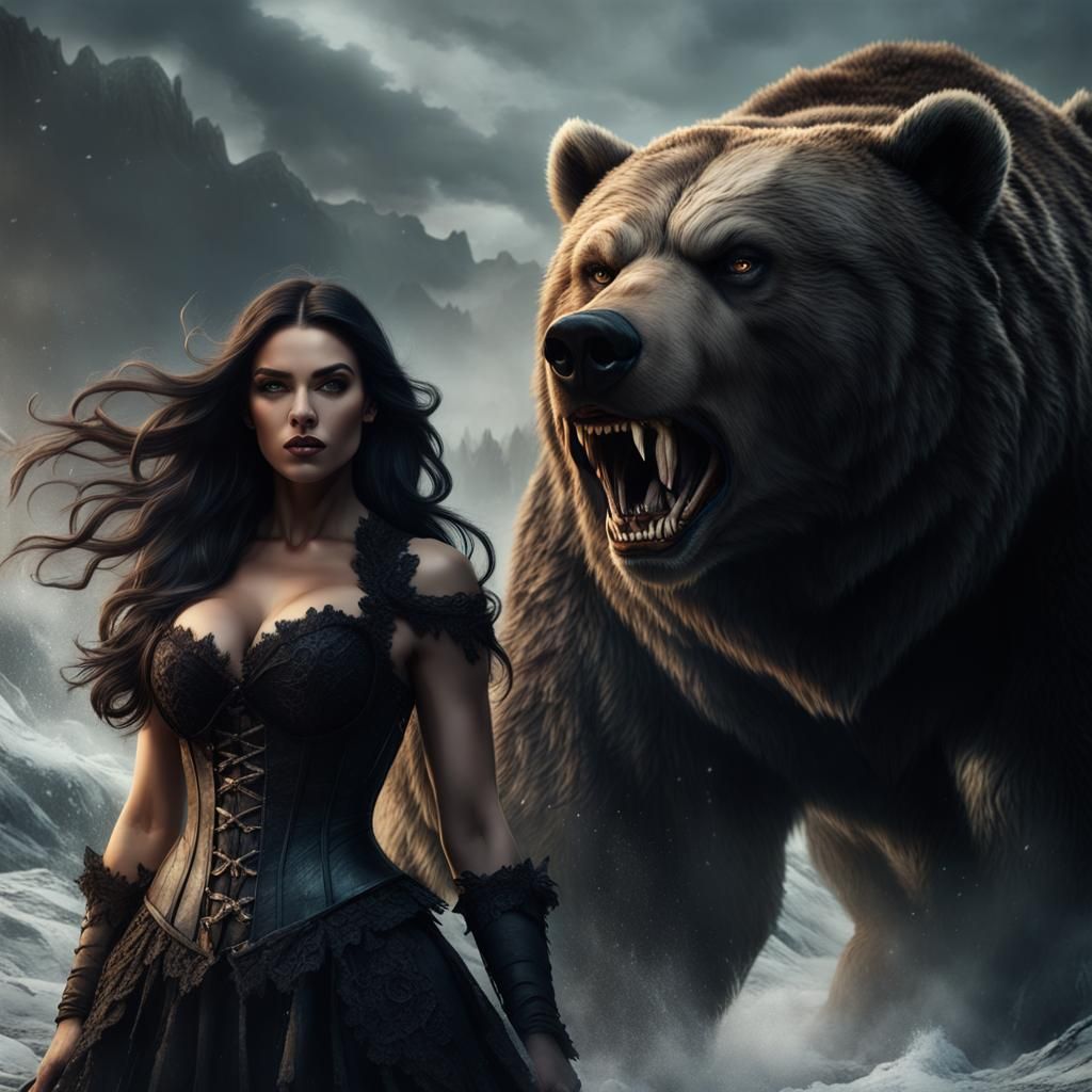 Alluring Woman and Ferocious Bear Demon in Fantasy Art