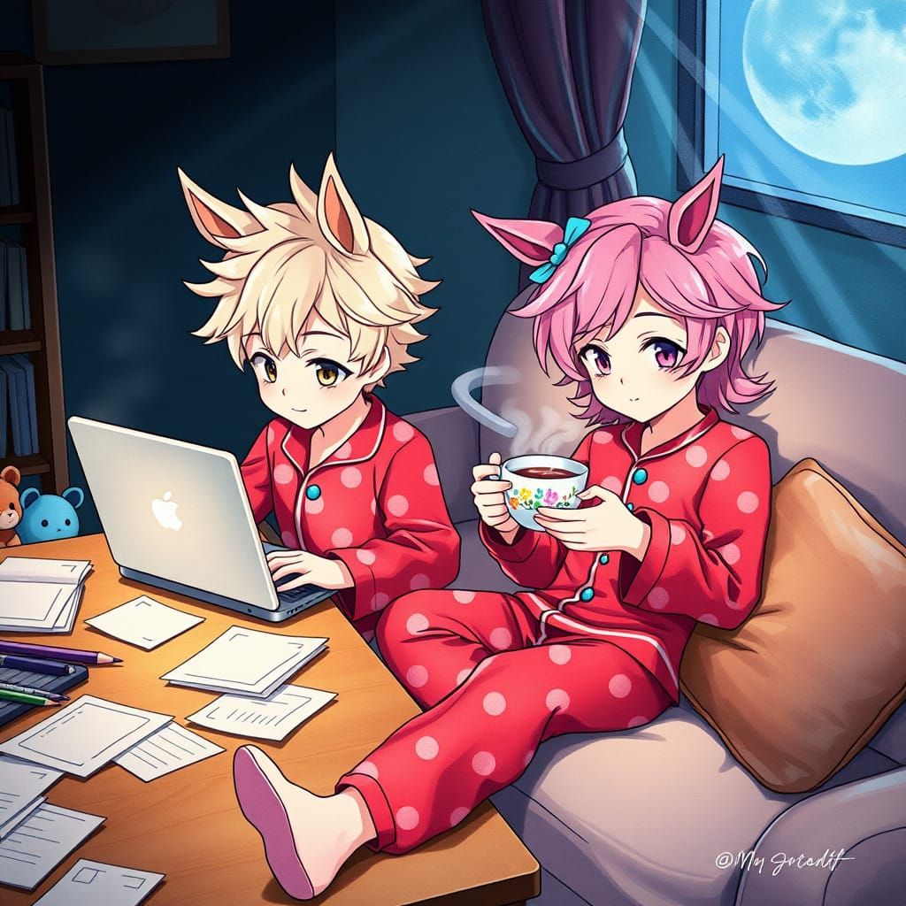 Charming Anime Boys with Horse Ears Enjoy Cozy Nighttime Sce...