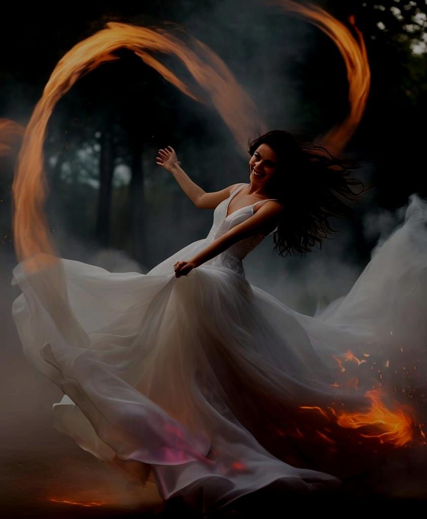 Woman in White Gown Amidst Swirling Colors
