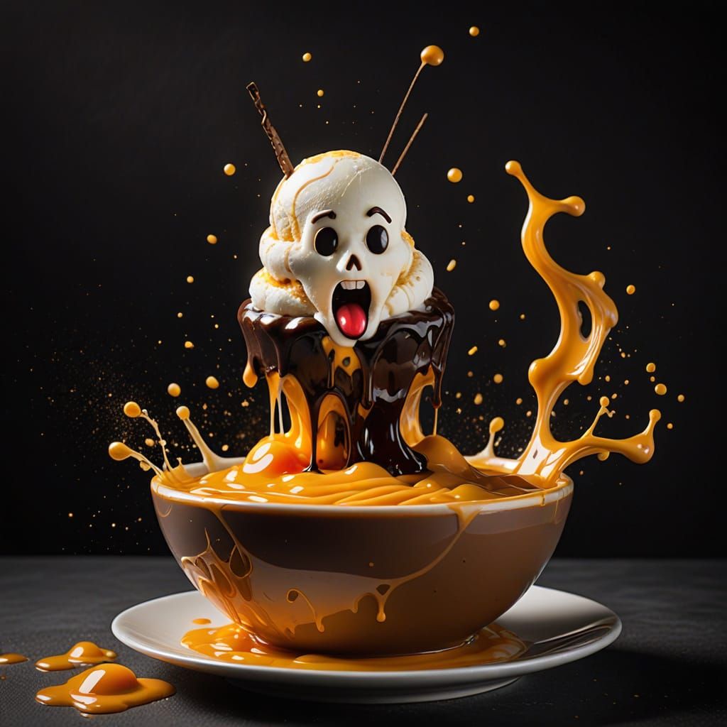 Dark Ice Cream Emerges from Soup in a Horror Scene