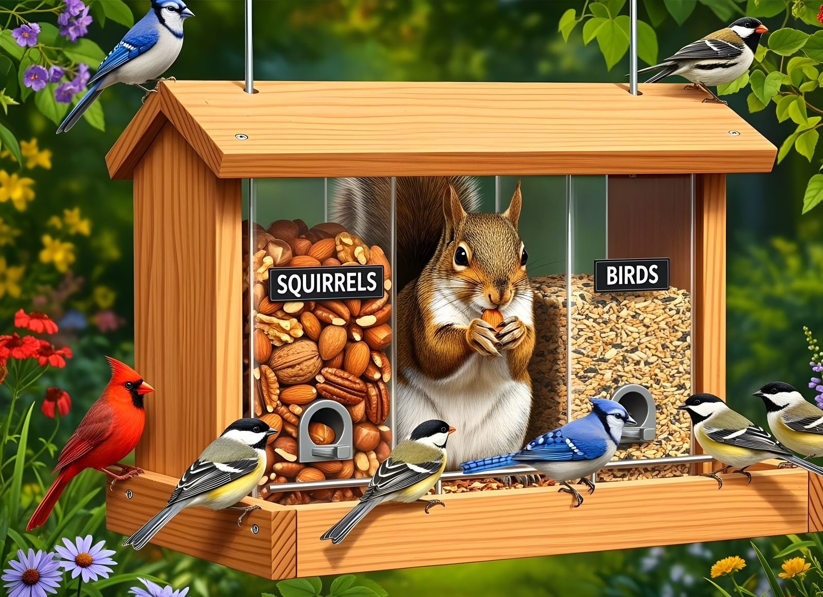 Squirrel and Bird Feeder in Lush Backyard